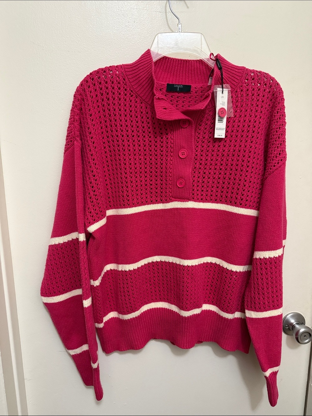 Tahari Raspberry and Cream Striped Button-Cowl Sweater